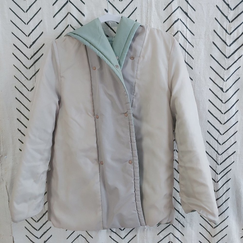 Reversible a. Lei mint/beige iridescent insulated hooded cape coat